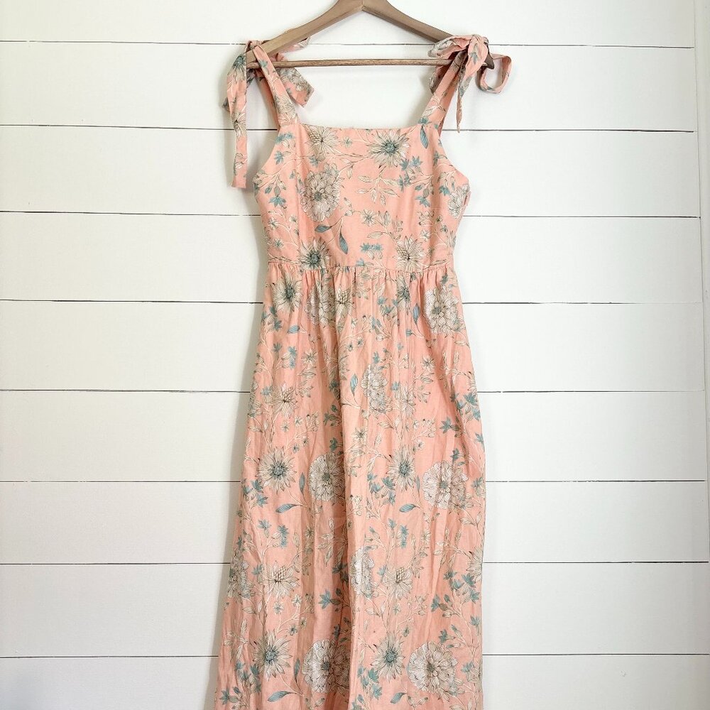 Gal Meets Glam x Anthropologie pink with blue and cream florals and tie straps